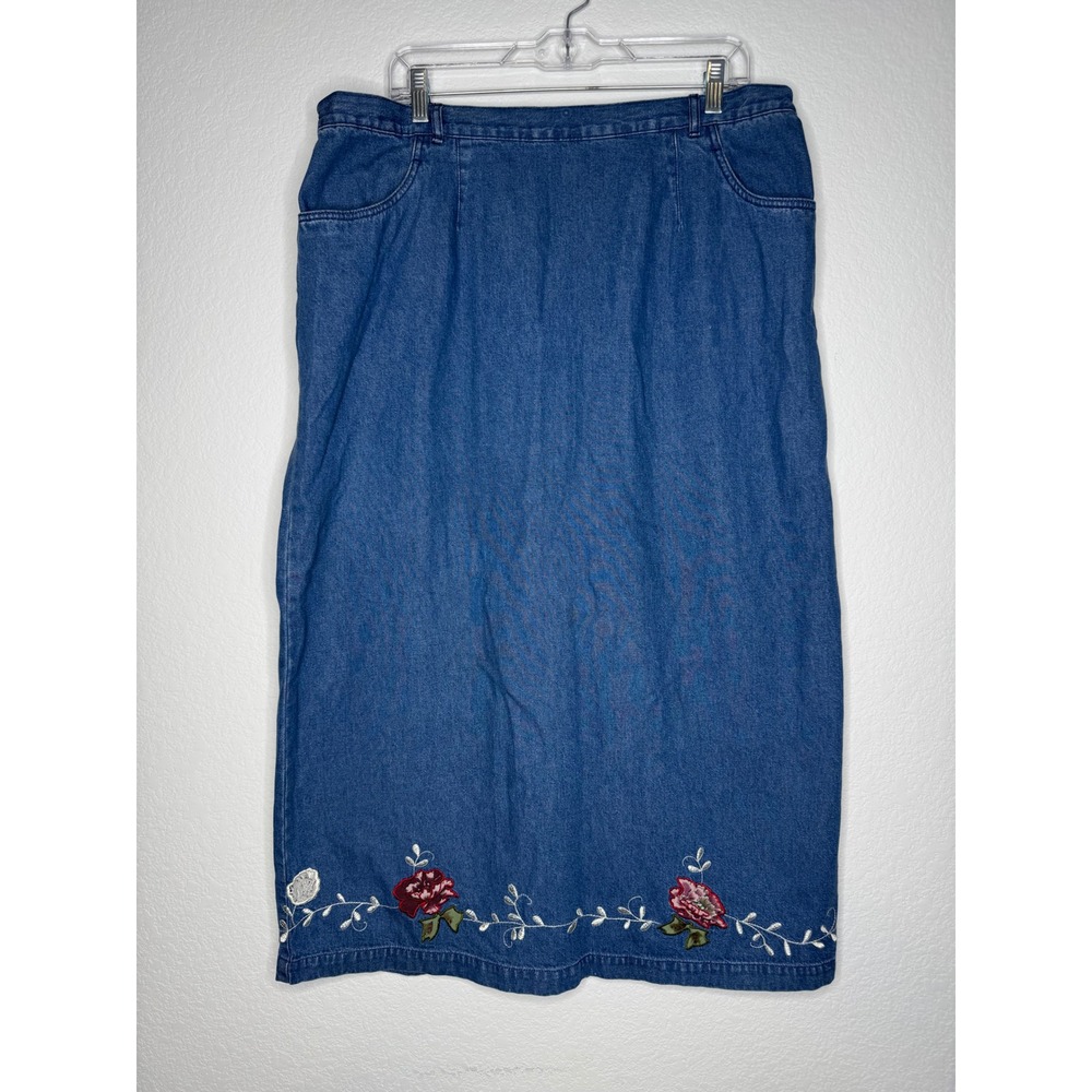 Denim & Co Blue Denim Floral Embroidered Maxi Skirt Elastic Waist Womens Size XL